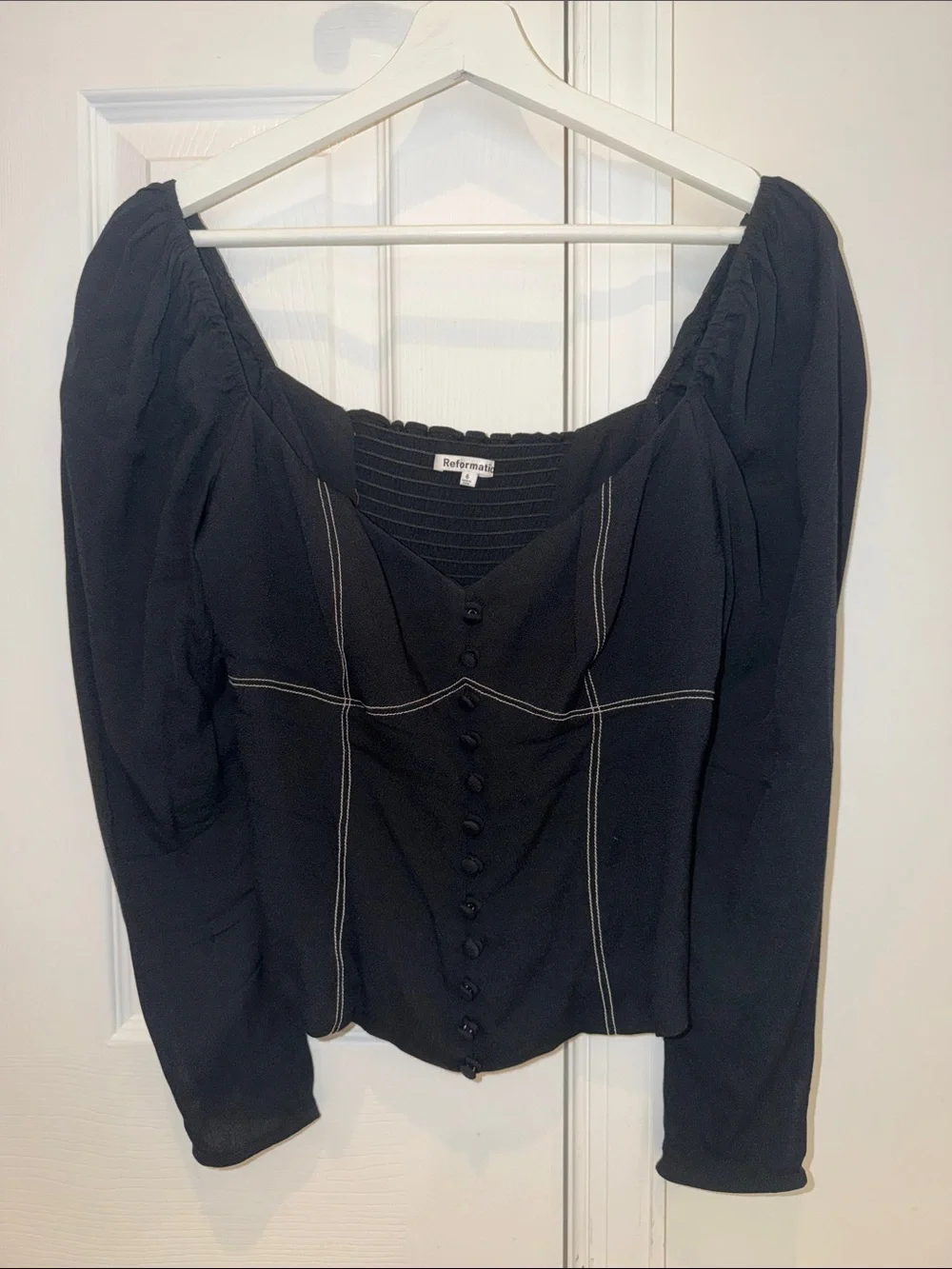 Reformation Black Puff-Sleeve Button-Up Blouse with Contrast Stitching